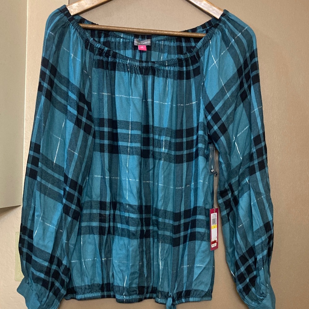 Vince Camuto Teal and Black Plaid Blouse